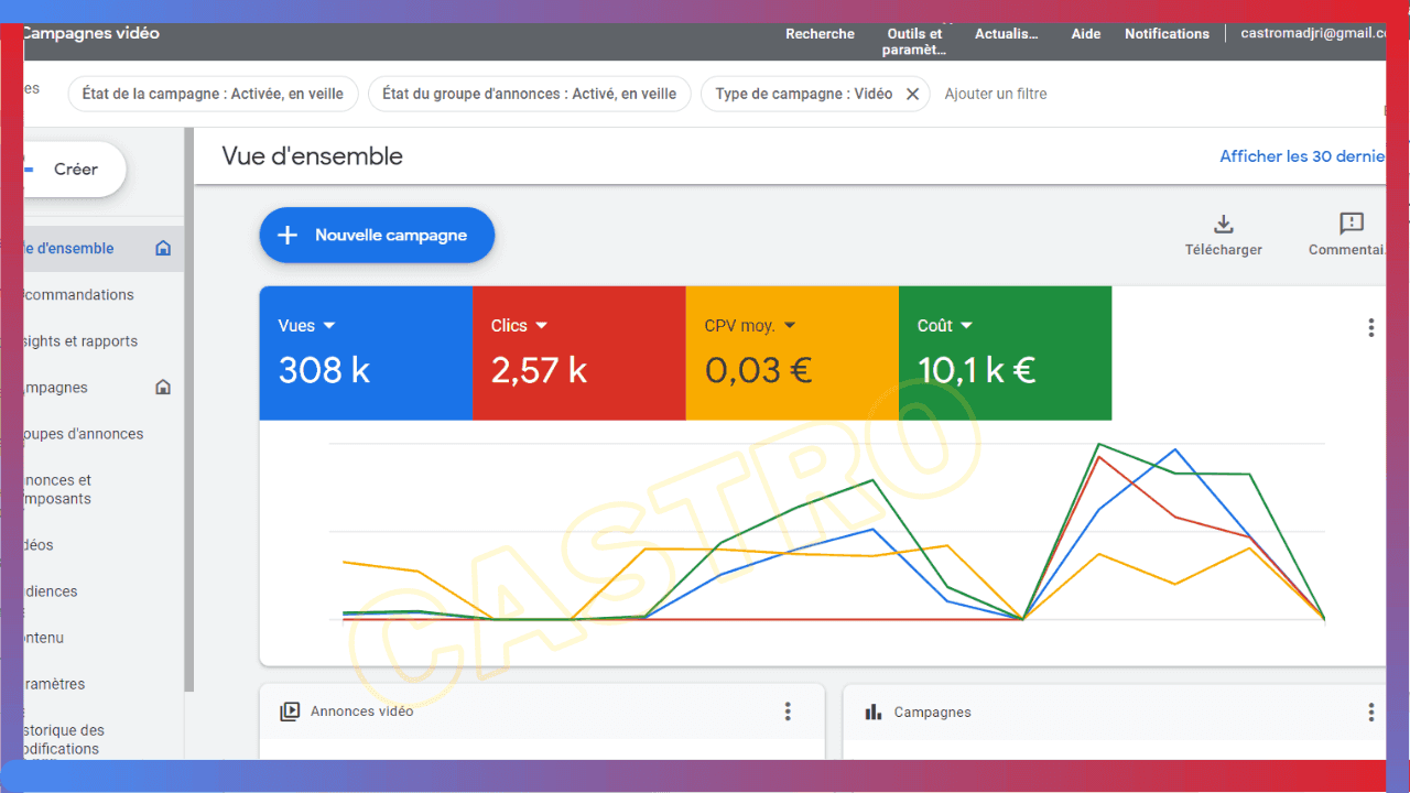 Campagnes vidéo YouTube : 308 k vues à 0,03 € la vue, 2,57 k clics.