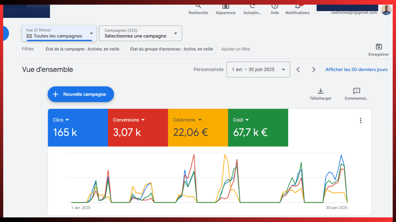 Vue d'ensemble Google Ads : 165 k clics et 3,07 k conversions sur un trimestre